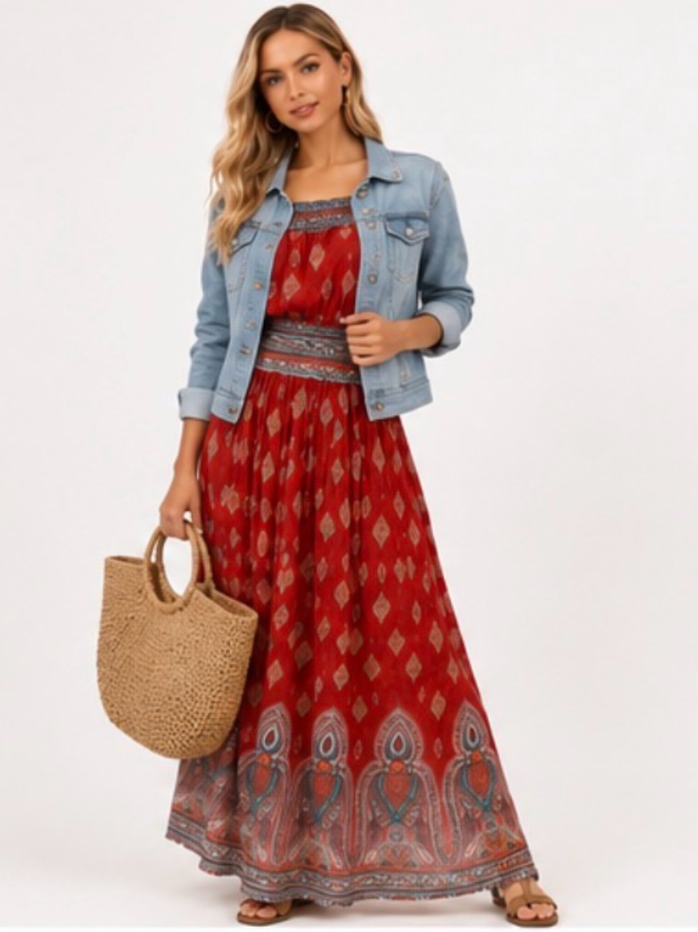 Boho Red Off-Shoulder Maxi Dress • Size Medium • Festival / Vacation